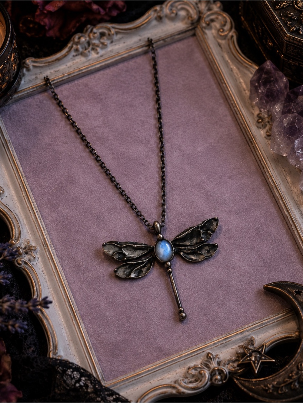 Handcrafted Dragonfly Necklace with Blue Stone